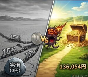 借金返済のみの人生と100円積立を並行した人生の資産比較グラフ。完済時の景色が13万円違う