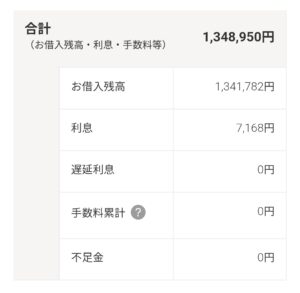 2026年3月時点の借入残高合計(利息・手数料込み)が1,348,950円であることを示す明細画面。お借入残高1,341,782円に対し、利息が7,168円発生している様子。