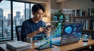 AI軍師Geminiと連携し、借金返済と投資戦略(FANG+、新NISAなど)を客観的データに基づいて分析する借金投資家けんじ。ホログラムで「現場の論理」「AI分析」「逆転積立」というコンセプトが表示されている様子。